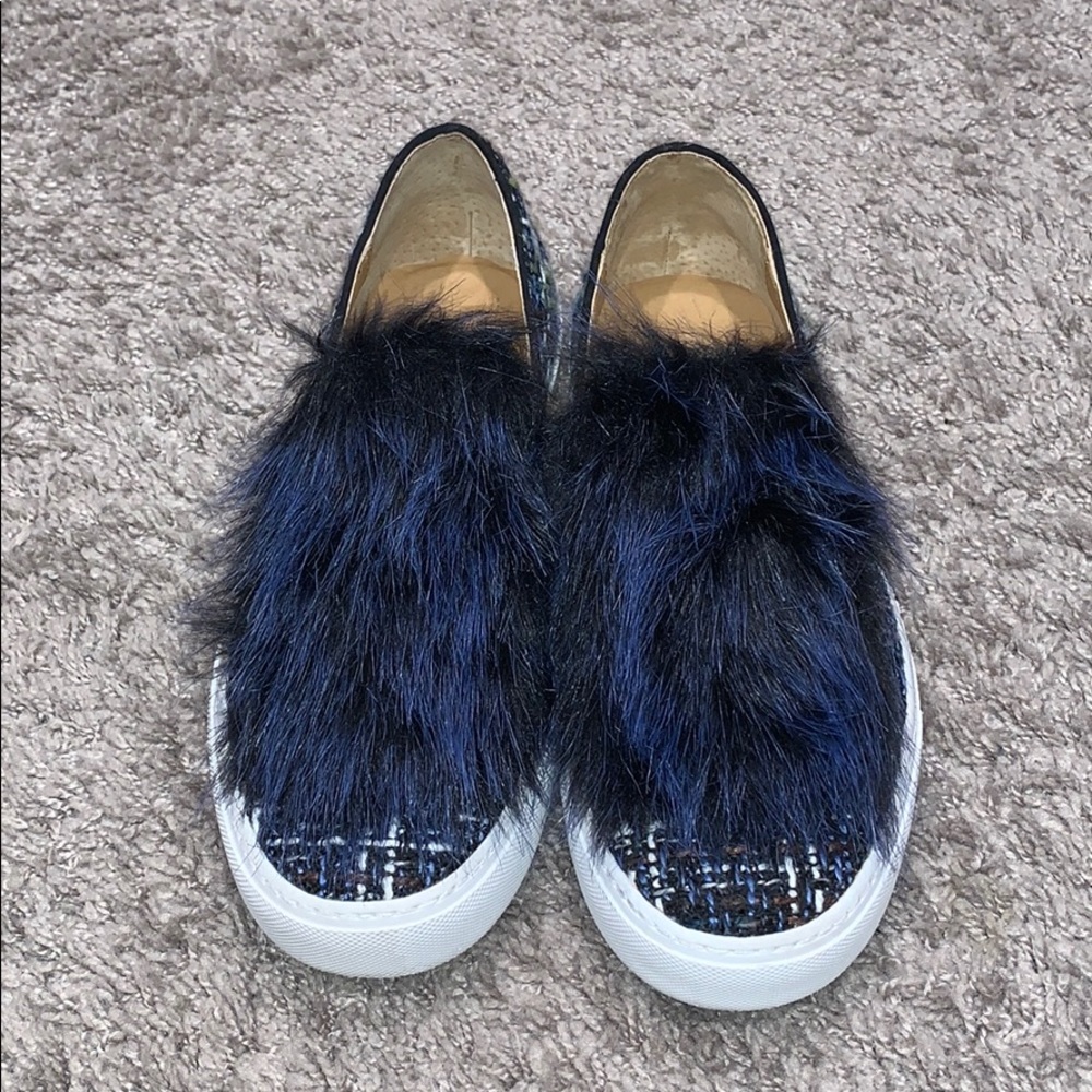Anthropologie Black and Blue Fur Slip-On Shoes
